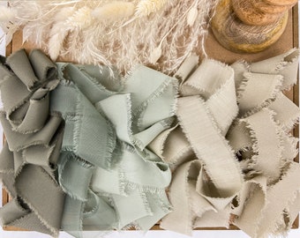 Greens & Neutrals Hand Frayed Edge Ribbon|Handmade |Bridal Bouquet Ribbon|Wedding Décor| Rustic Ribbon|Trendy Ribbon| Photography Styling