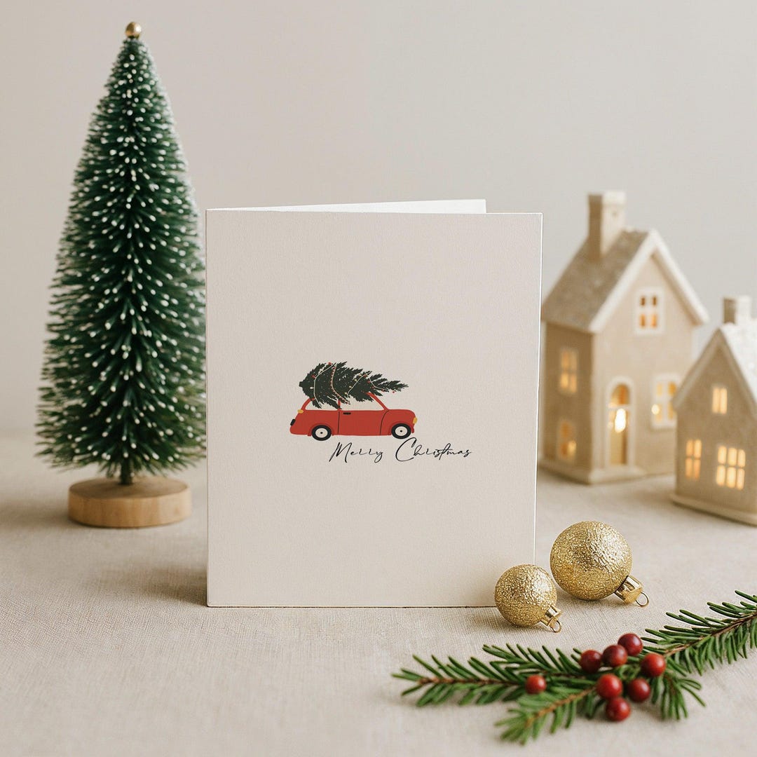 Red Car Evergreen Card - Christmas Card Set | Holiday Greeting Cards ...