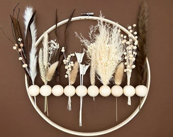 Wreath | Dried Flowers Wood Bead Wreath| Wooden Wreath| Flower Wall Hanging| Handmade Décor |Pampas Grass Décor |Farmhouse Décor