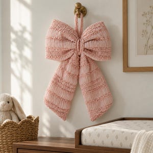 May include: A large, decorative bow made of soft, light pink fabric with a textured, crinkled surface. The bow features two wide loops and two long, hanging tails, suspended from a small, circular brass-coloured hook mounted on the wall.