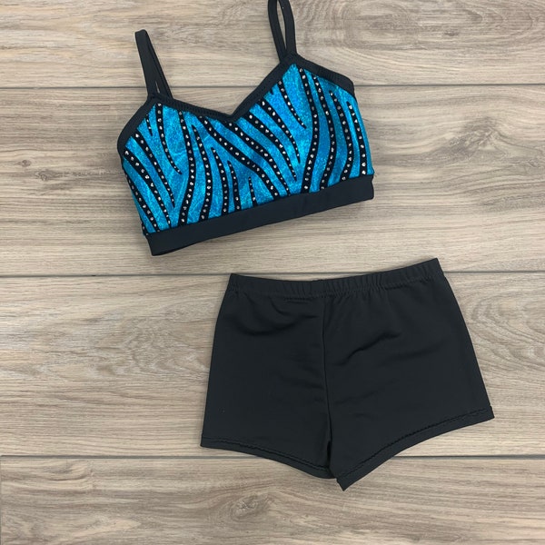 Zebra Blue Top & Booty Shorts/Girls Dancewear