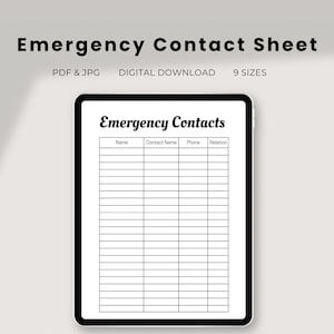 Emergency Contact List PDF | Organize Emergency Info for Individuals | Contact sheet | Classroom & Workplace Emergency Preparation