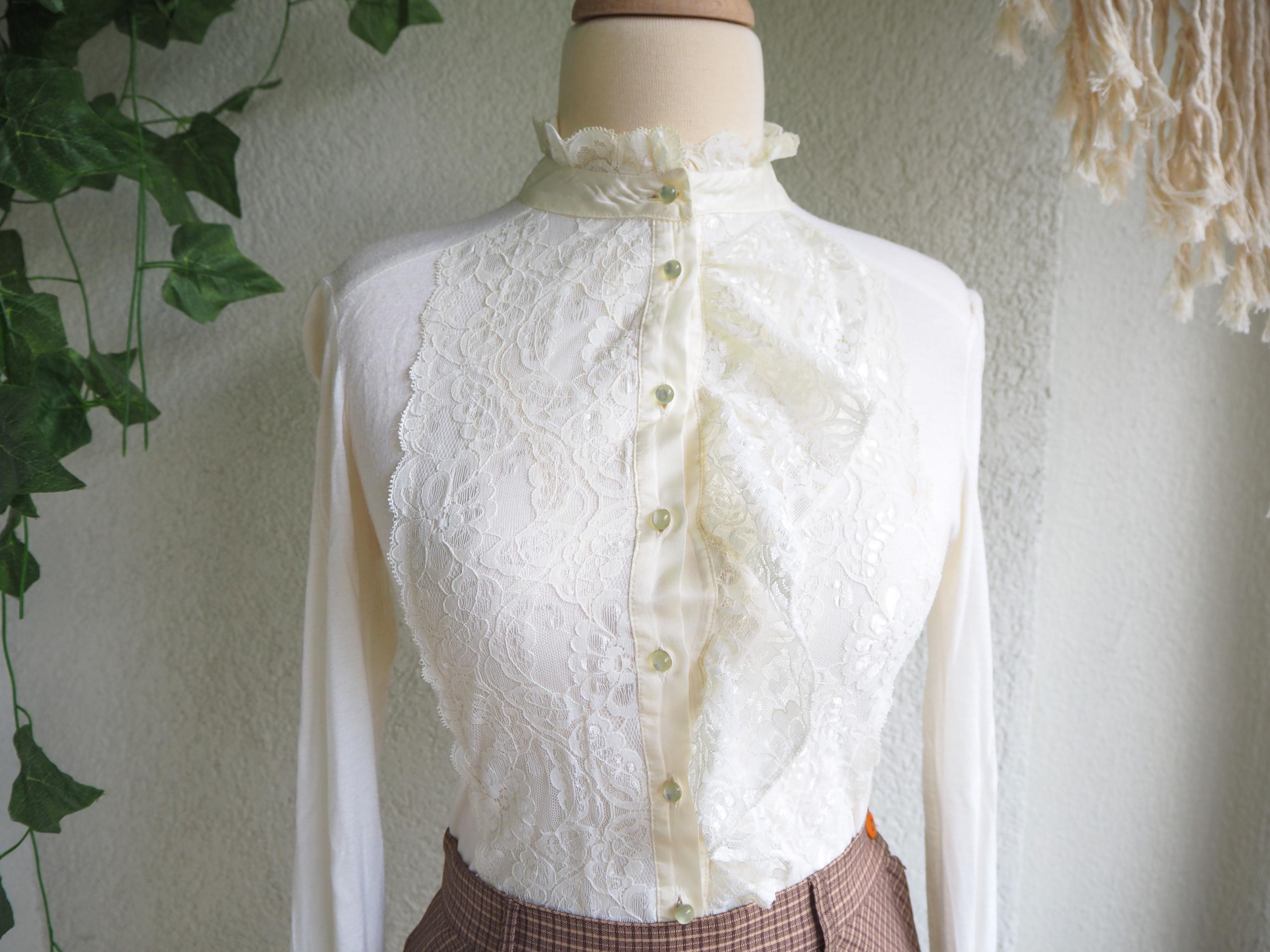 定番人気！ 70s Vintage White Lace Shirt, Victorian High-neck Romantic トップス