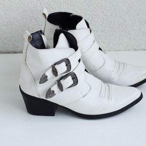 90s Vintage White Cowboy Boots, Glam Ankle Booties with Buckles, Womens US 8, EU 38