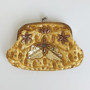 Vintage Gold Sequin Clutch Purse, Unique Satchel Handbag with Embroidery Details, Gold Evening Bag