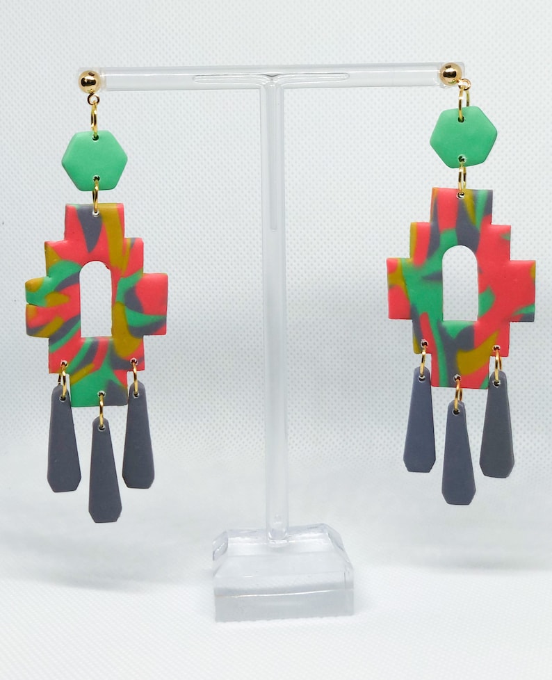 Handmade Hypoallergenic Rainbow Southwest Statement Earring Rainbow Clay Earring Aztec Rainbow Earring Lightweight Aztec