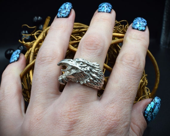 Sterling Silver Eagle Ring, Hawk Signet, Biker Je… - image 1