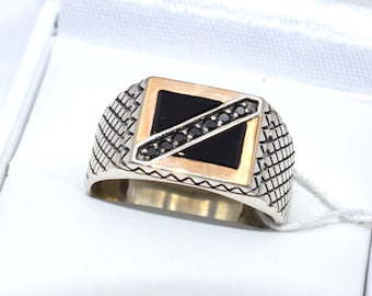 Sterling Silver Signet Ring, Black Enamel, 14k Gold Accent, Men's Size 10