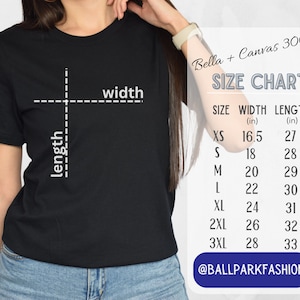 Puede incluir: Tabla de tallas para camisetas Bella + Canvas 3001, que muestra las medidas en pulgadas para las tallas XS, S, M, L, XL, 2XL y 3XL. La tabla muestra las medidas de ancho y largo.