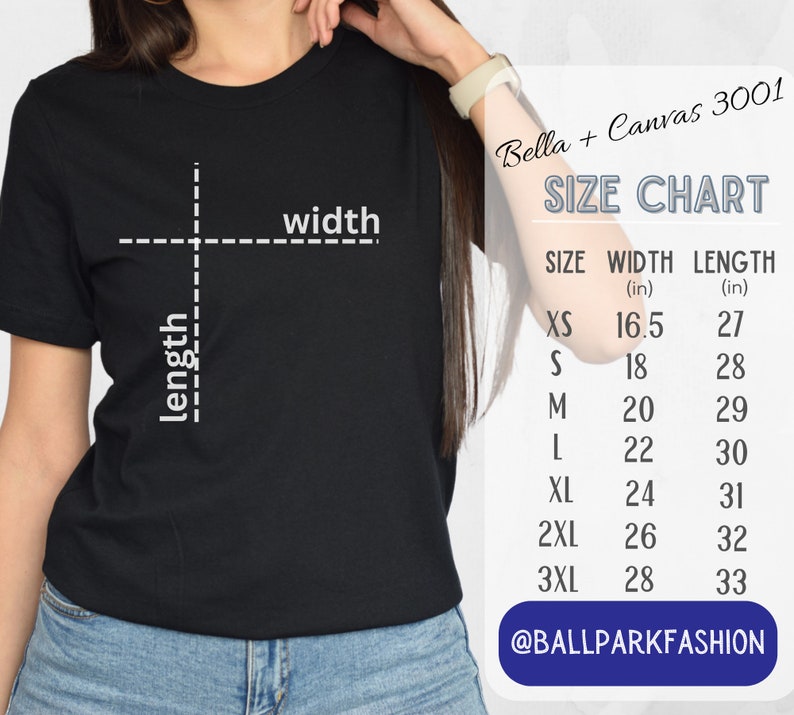 Pu&ograve; includere: Tabella delle taglie per le t-shirt Bella + Canvas 3001, che mostra le misure in pollici per le taglie XS, S, M, L, XL, 2XL e 3XL. La tabella mostra le misure di larghezza e lunghezza.