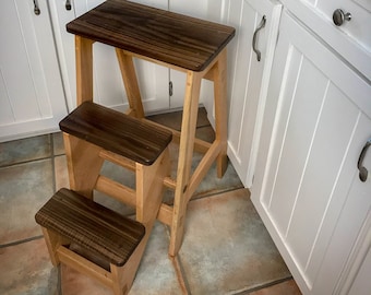 Wooden Kitchen Step Stool, Elegant Stylish, Oak, Walnut, Handmade, Adult