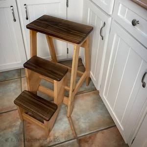 Wooden Kitchen Step Stool, Elegant Stylish, Oak, Walnut, Handmade, Adult