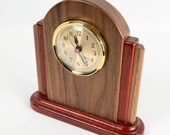 Handmade Art Deco Wood Clock – Walnut & Padauk Mantel / Desk Clock – Unique Gift for Him