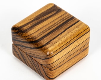 Wooden Engagement Ring Box – Handmade Zebrawood Ring Box with Blue Leather | Wood Ring Box for Proposal, Wedding, or Gift