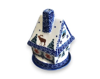 Polish pottery Christmas ornament house shaped candle holder, Christmas candle house, Boleslawiec Christmas house ornaments, Polish pottery