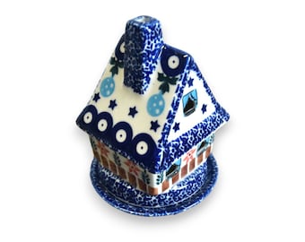 Boleslawiec pottery Christmas house shaped candle holder, Christmas candle house, Boleslawiec Christmas house ornaments, Polish pottery