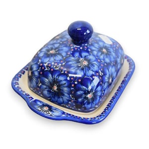 Polish pottery butter dish with lid handmade ceramic from Boleslawiec made in Poland with hand painted floral decorations and handle