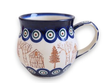 Polish pottery peacock and cottage decoration ceramic mug with handle handmade Boleslawiec pottery from Poland