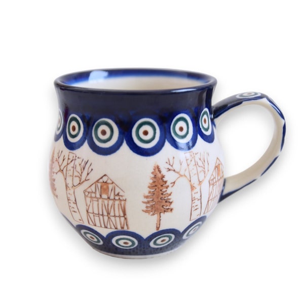 Polish pottery peacock and cottage decoration ceramic mug with handle handmade Boleslawiec pottery from Poland