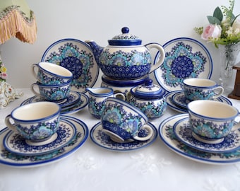 Polish pottery handpainted Tea Set with Flowers, Stoneware Tea Set with Tea Pot Boleslawiec, Floral Tea Set, Handmade Tea Service Set for 6,
