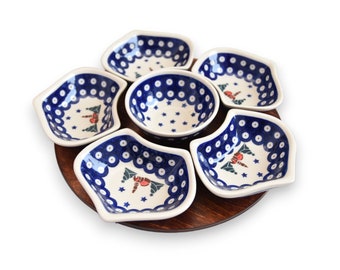 Kerst Lazy Susan voor eettafel met draaibaar blad, set dipsausschalen Lazy Susan draaitafel groot, handgemaakte Boleslawiec-feestset