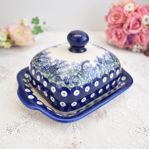 Unique Polish pottery butter dish with lid handmade ceramic from Boleslawiec made in Poland with hand painted floral decorations and handle