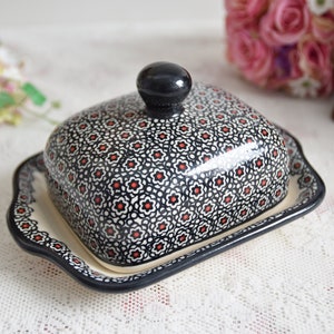 Polish pottery butter dish with lid handmade ceramic from Boleslawiec made in Poland with hand painted floral decorations and handle