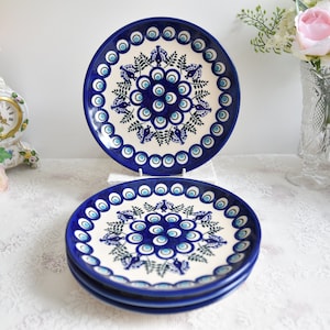 Polish pottery Boleslawiec plate set of 4 peacock pattern handmade Poland folk art decorations stoneware dishes