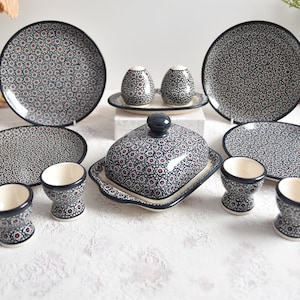 Breakfast set hand painted Boleslawiec dinnerware with blue flowers