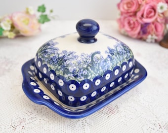 Unique Polish pottery butter dish with lid handmade ceramic from Boleslawiec made in Poland with hand painted floral decorations and handle