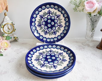 Polish pottery Boleslawiec plate set of 4 peacock pattern handmade Poland folk art decorations stoneware dishes