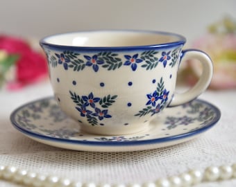 Handpainted cup and saucer, Floral cup for morning coffee, Stoneware coffee cup, Pottery cup and saucer set, Boleslawiec cup saucer hand