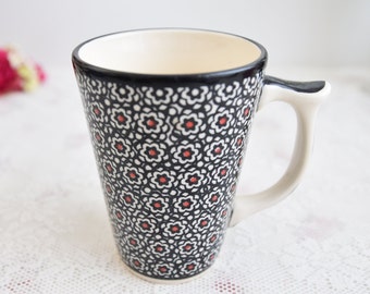 Polish pottery floral ceramic coffee mug with handle handmade Boleslawiec pottery from Poland