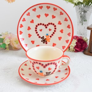 Hand bemalt Bunzlau Tee Tasse Kaffeebecher polnisch Keramik Tasse und Teller polnisch Steinzeug bunzlauer Keramik