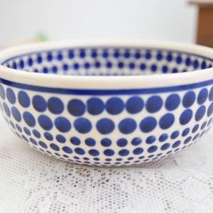 May include: A white ceramic bowl with a blue polka dot pattern. The bowl is round and has a wide rim.