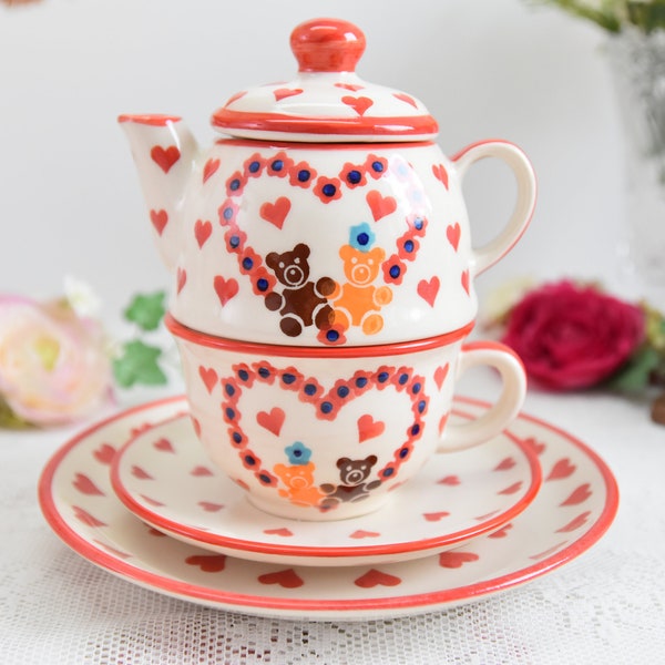 Cute teapot and tea cup set for one polish pottery from Boleslawiec made in Poland with hand painted hearts decorations perfect gift for Her