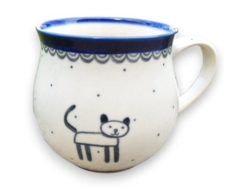 16 oz coffee cauldron mug with kitty decoration polish pottery handmade Boleslawiec stoneware from Poland
