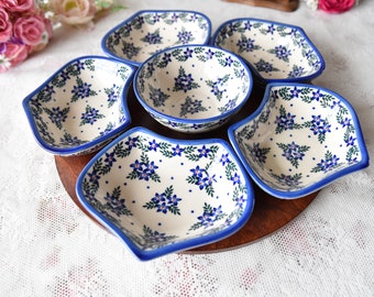 Polish pottery Lazy Susan dipping bowl set with rotating tray for dining table, Appetizer tray with dipping bowls, Boleslawiec dip bowls set