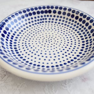 Soup plate polish pottery with polka dot hand painted decorations by Boleslawiec made in Poland