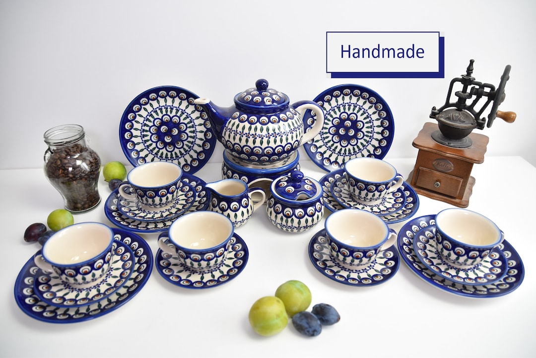 Hand Painted Boleslawiec Pottery Peacock Pattern Dinner Set, Polish
