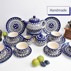 Hand painted Boleslawiec pottery peacock pattern dinner set, Polish pottery peacock tea set fo 6, Stoneware tea set with warmer unikat