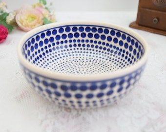 Polka dot polish pottery salad bowl with hand painted decoration made in Poland Boleslawiec