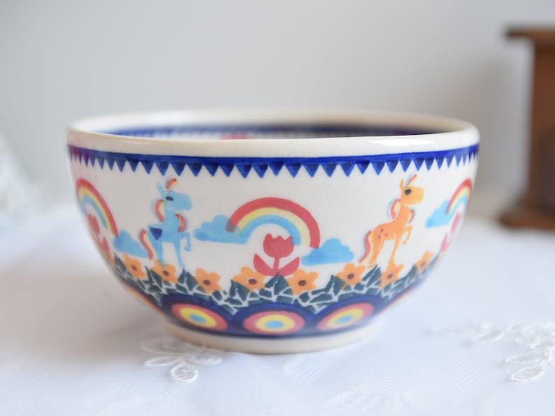 Unicorn and rainbow decoration Boleslawiec polish  pottery handmade ceramic bowl