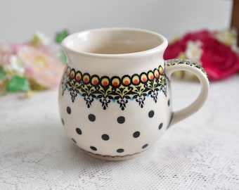 Polish pottery polka dot ceramic mug with handle handmade Boleslawiec pottery from Poland