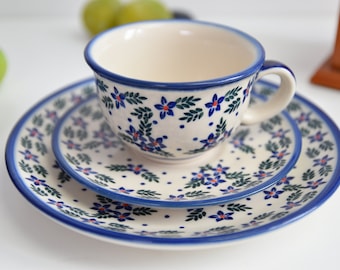 Trio cup saucer dessert plate, Floral cup for morning coffee, Stoneware coffee cup, Pottery cup and saucer set, Boleslawiec cup saucer hand