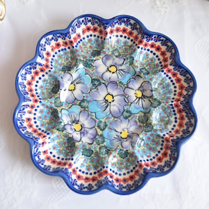 Pansies flowers Boleslawiec polish pottery handmade sunflower plate for eggs garden art made in Poland