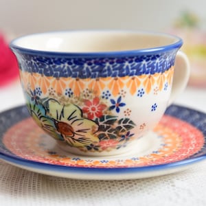 Hand painted Boleslawiec tea cup coffee mug polish pottery cup and plate polish stoneware bunzlau ceramics