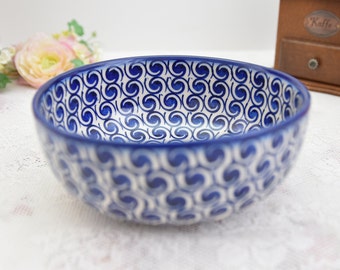 Salad handmade blue bowl with hand painted decoration original ceramic from Boleslawiec