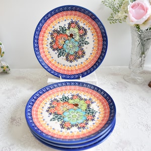 Boleslawiec pottery hand painted flower plates set polish folk art bunzlau Poland decoration, Salad plates blue polish pottery 7 inch plate
