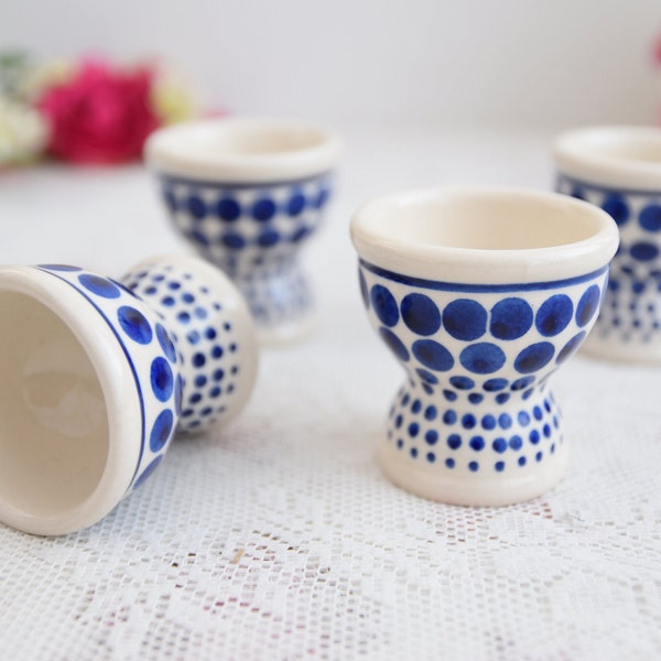 Polish pottery set of 4 polka dot egg cup holder set with hand painted decortion from Boleslawiec manufacture